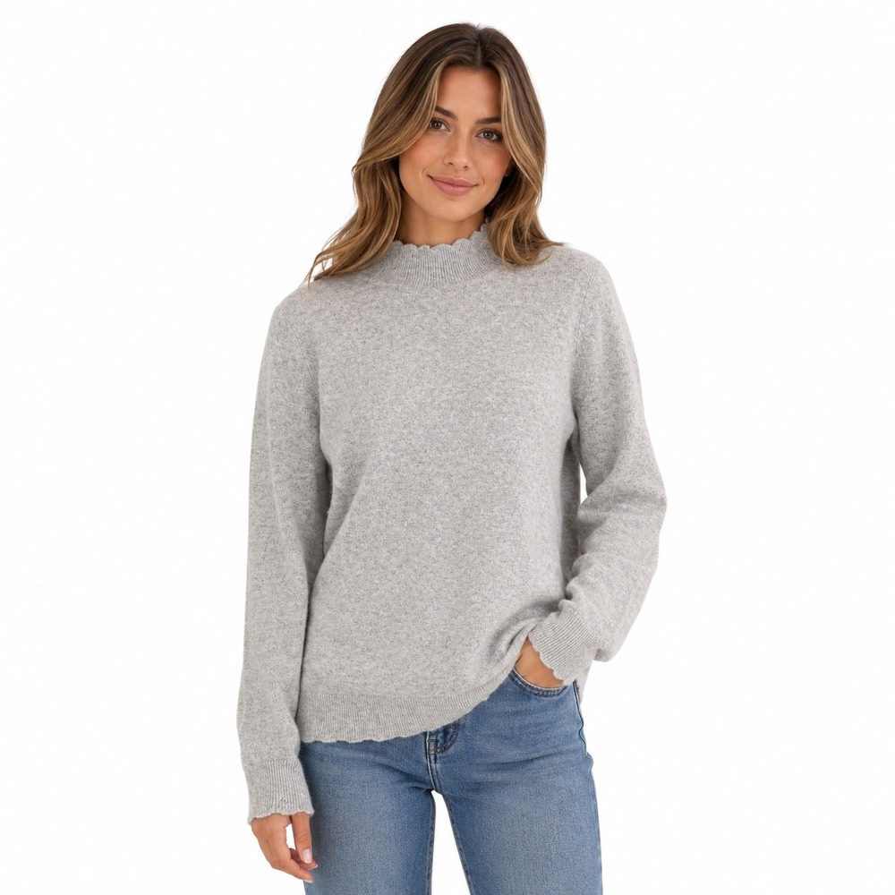 100% Cashmere Nanette Lepore Gray Scalloped Mock Neck Pearl Cuff Sweater Large